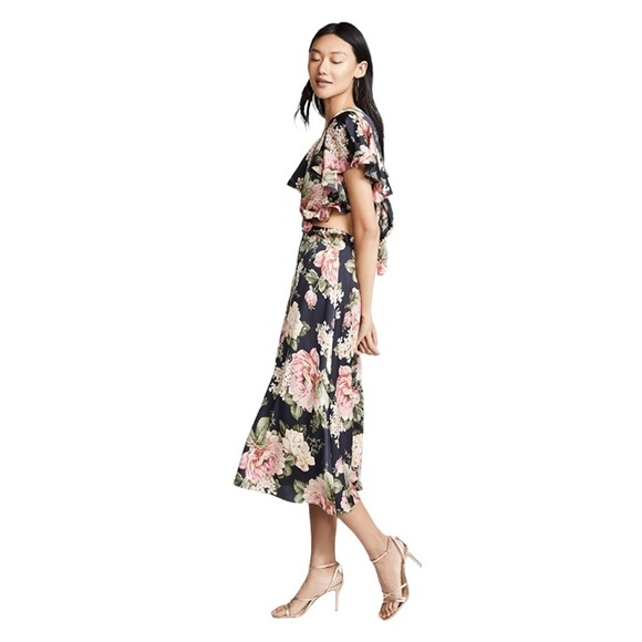 Divine Heritage Floral Cutout V Neck Tie Keyhole Back Flutter Sleeve Midi Dress - Picture 4 of 16